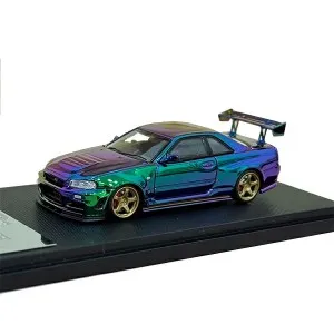 1/64 Nissan Skyline GT-R R34 Nismo Z-Tune High Wing version Chrome Magic Green-Purple