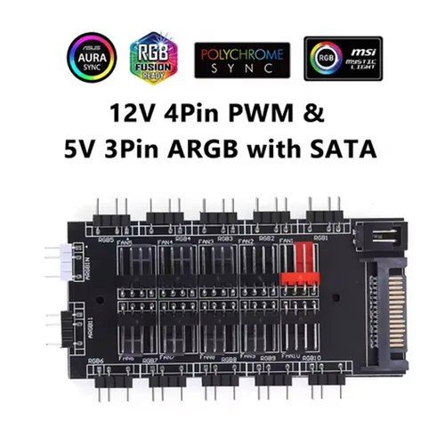 2 in 1 Cooling Fan Hub 5V 3PIN ARGB SATA Power Splitter Adapter HUB