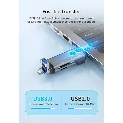 ADS-306 Multi Port 6 in 1 USB 3.0 + Type-C + Lightning Memory Card Reader Adapter