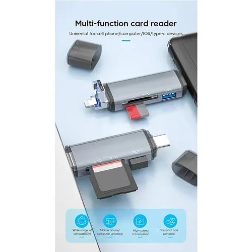 ADS-306 Multi Port 6 in 1 USB 3.0 + Type-C + Lightning Memory Card Reader Adapter