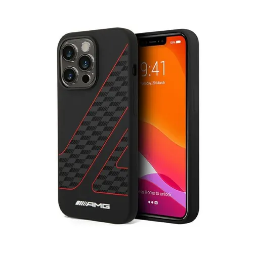 AMG Liquid Silicone Case - Checkered Flag Pattern, Bumper Protection iPhone 14 Pro Compatibility - Black/Red