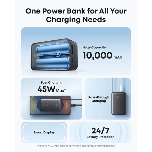 Anker A1638H11 45W 10000mAh Nano Power Bank with Built in Retractable USB-C Cable