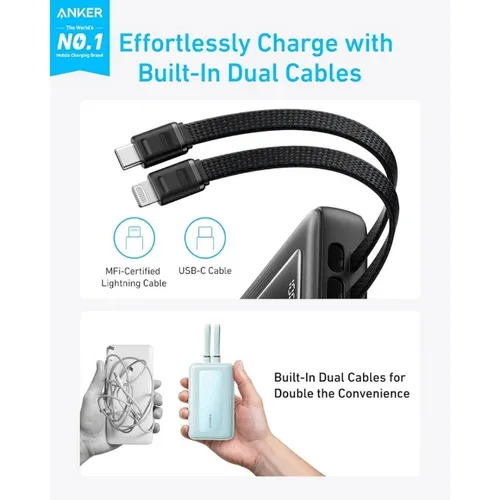 Anker A1680H11 Zolo 30W 10000mAh Power Bank with Built-in USB-C and Lightning Cable