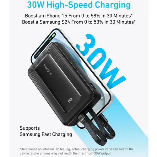 Anker A1681 Zolo 30W 20000mAh Power Bank with Built-In USB-C and Lightning Cable