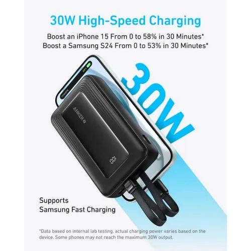 Anker A1681H11 Zolo 30W Portable Charger 20000mAh Power Bank with Built-in USB-C And Lightning Cable