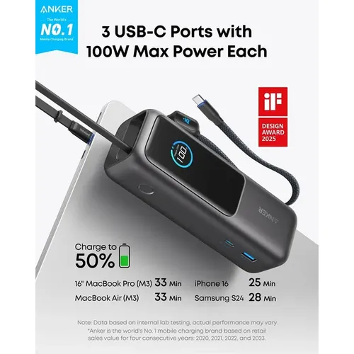 Anker A1695 25K 165W 25000mAh Laptop Power Bank with Built-In and Retractable Cables