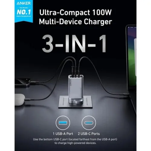 Anker A2688241 Prime 100W 3-Port GaN 3 Pin Charger