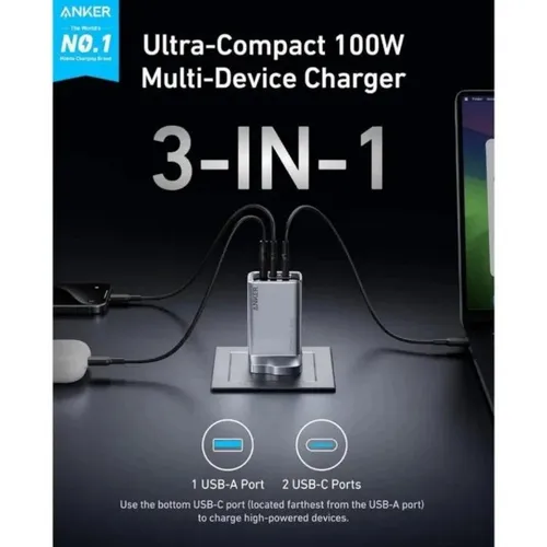 Anker A2688241 Prime 100W 3-Port GaN 3 Pin Charger