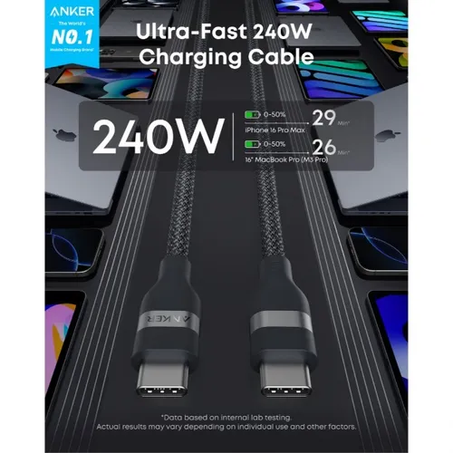 Anker A82E2H11 240W USB-C to USB-C Upcycled Braided 3FT Cable