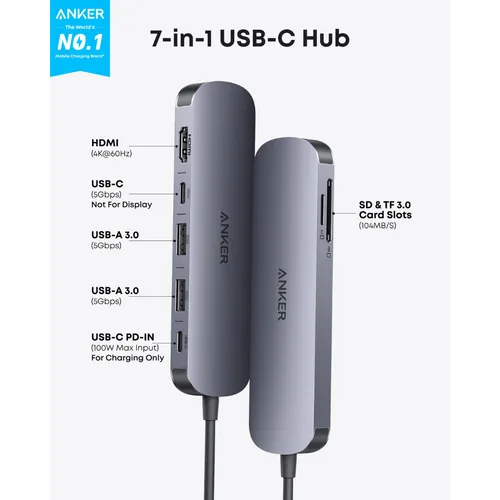 Anker A83D2 Nano 7 in 1 100W 5Gbps 4K HDMI USB-C Hub