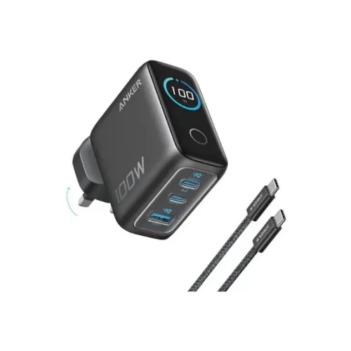 Anker B121BKZ1 3-Port 100W PD Fast Charging GaN USB-C Charger With USB-C Cable