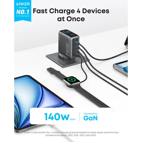 Anker B2697 GaN 140W 4-Port 3 USB-C + 1 USB-A PD3.1 Laptop Charger with 5ft USB-C to USB-C Cable