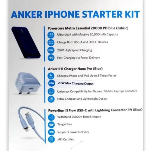 Anker IPhone Starter Kit 3 in 1 PowerCore Essential 20W PD 20000mAh Power Bank