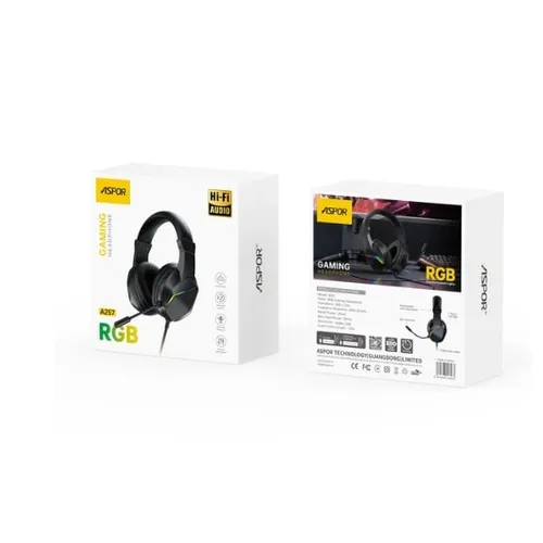 ASPOR A257 RGB Wired Gaming Headset with Microphone, 50mm Drivers, Volume Control, Black