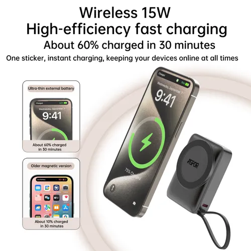 Aspor A313 22.5W 10000mAh Wireless Power Bank with Build-In USB‑C Cable