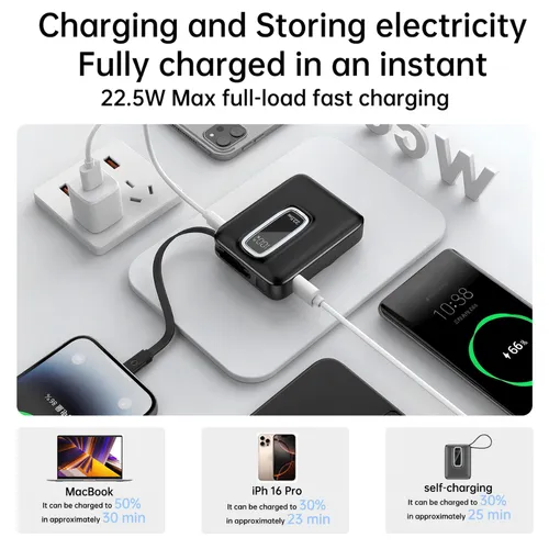 Aspor A313 22.5W 10000mAh Wireless Power Bank with Build-In USB‑C Cable