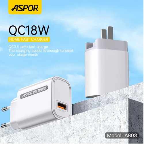 Aspor A803 UK 18W Fast Charging Adapter with Type-C Cable