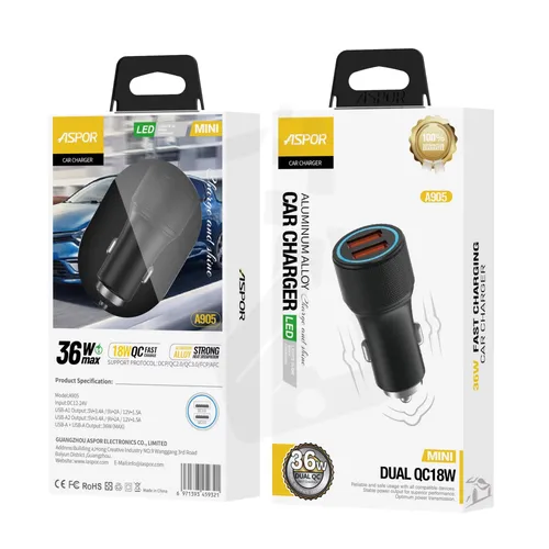 Aspor A905 Dual USB 36W Car Charger 2 Port USB Car Charger with LED Light Mobile Phone Charger