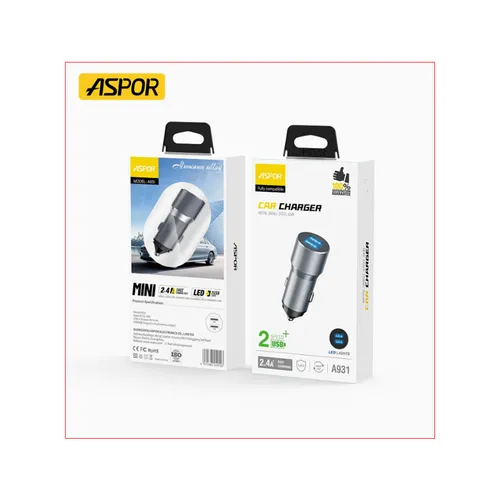 Aspor A931C 2.4A Dual USB Port Car Charger with Type-C Cable