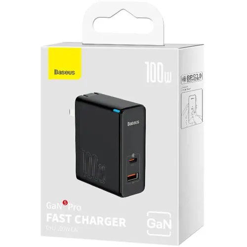 Baseus 100W GaN5 Pro C+U CN 2 Pin Fast Charger with Type-C to Type-C 100W 1M Cable