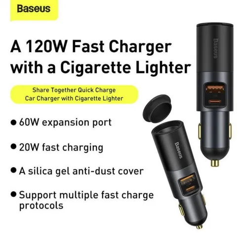 Baseus 120W Share Together Fast Charge Car Charger with Cigarette Lighter Expansion U+C Port