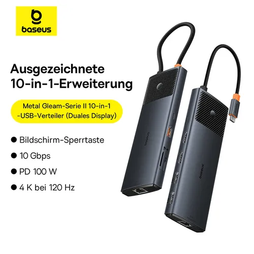 Baseus BS-OH083 Metal Gleam Series II 10-in-1 USB-A3.2*1 + USB-A2.0*2 + HDMI*2 + PD 100W(Input)*1 + USB-C 3.2*1 + RJ45*1 + SD*1 + TF*1 USB-C Hub Adapter