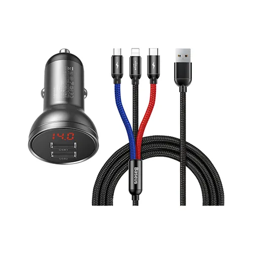 Baseus Digital Display Dual USB 4.8A Car Charger 24W with Three Primary Colors 3-in-1 USB 1.2M Cable