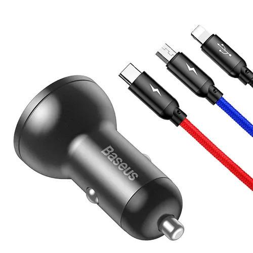 Baseus Digital Display Dual USB 4.8A Car Charger 24W with Three Primary Colors 3-in-1 USB 1.2M Cable