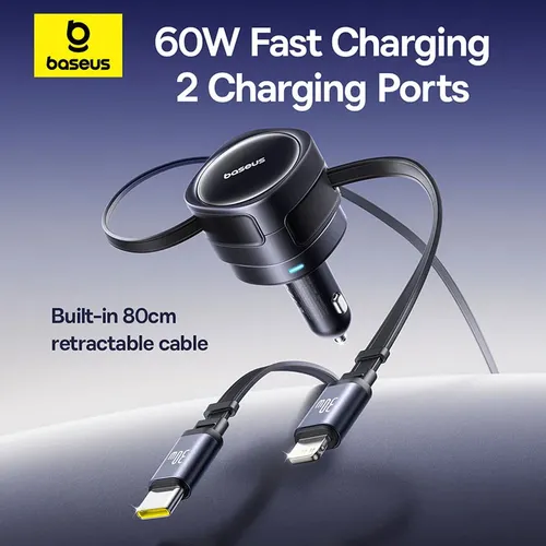 Baseus Enjoyment Max 60W Car Charger with USB-C + Lightning Cables