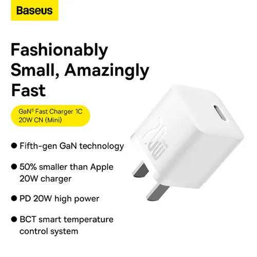 Baseus GaN5 20W 1C Fast Charger – CN (Mini) with Type-C Cable to Lightning Cable