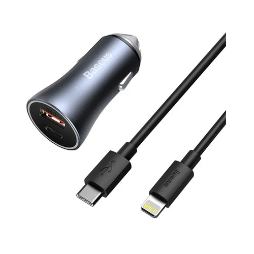 Baseus Golden Contactor Pro 40W USB + Type-C Dual Port Quick Car Charger with Type-C to Lightning Cable