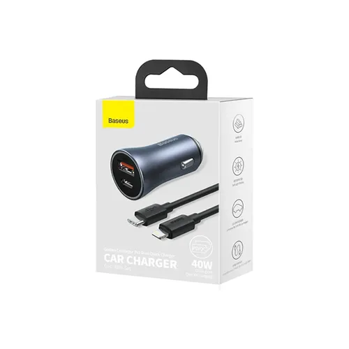 Baseus Golden Contactor Pro 40W USB + Type-C Dual Port Quick Car Charger with Type-C to Lightning Cable