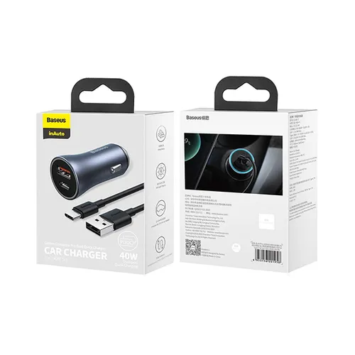 Baseus Golden Contactor Pro 40W USB + Type-C Dual Port Quick Car Charger with USB to Type-C Cable