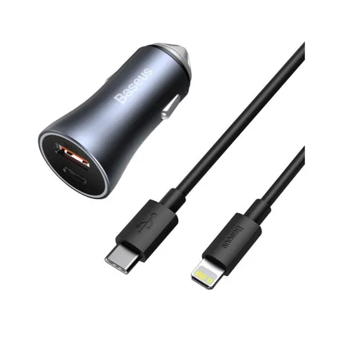 Baseus Golden Contactor Pro fast car charger USB Type C / USB 40 W Power Delivery 3.0 Quick Charge 4+ SCP FCP AFC + USB Type C cable - Lightning gray (TZCCJD-B0G)