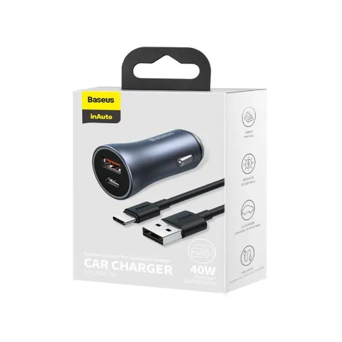 Baseus Golden Contactor Pro QC U+C 40W Car Charger With Type-C to USB Cable (TZCCJD-0G)