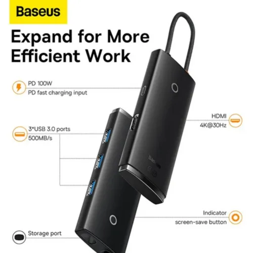 Baseus Lite Series 5-Port + Type-C to HDMI+USB3.0*3+PD – Type-C Hub Adapter