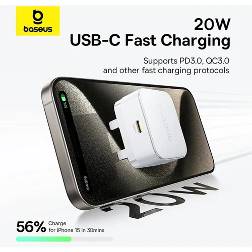 Baseus Palm 20W UK Pin Type-C Fast Charger with Type-C to Type-C 60W Cable