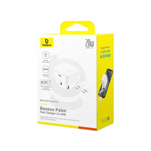 Baseus Palm 20W USB-C UK 3 Pin Fast Charger with Type-C to Type-C Cable