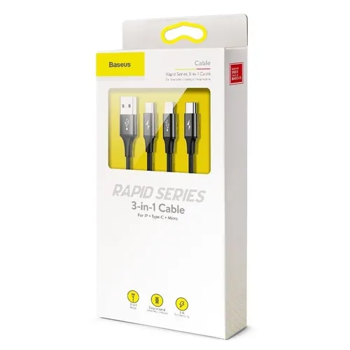 BASEUS Rapid Series 3 In 1 Cable USB To iPhone + Type-C + Micro 3A 1.2M CAMLT-SU01
