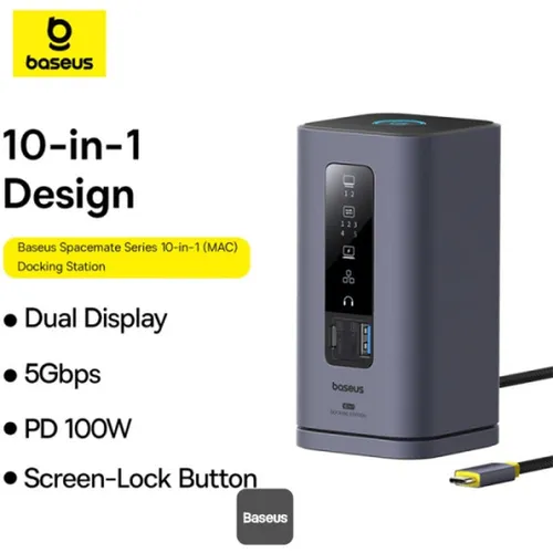 Baseus Spacemate Series 10-in-1 USB-C to 1*HDMI4K@60Hz/1*HDMI 4K@30Hz/2*USB-A (5Gbps)/1*USB-C (5Gbps)/1*RJ45/2*USB-A (480Mbps)/1*USB-C (PD)/ 1*3.5mm Audio (MAC) Docking Station