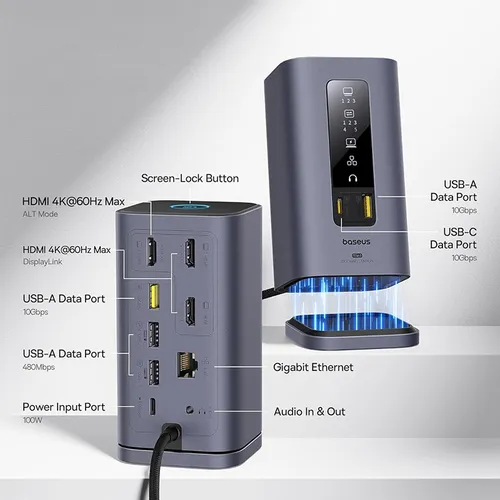 Baseus Spacemate Series 11-in-1 HDMI:4K*3 + USB-A 3.2*2 + USB-C 3.2*1 + USB-A 2.0*2 + RJ45 Ethernet*1 + 3.5mm AUX*1 Docking Station for Mac