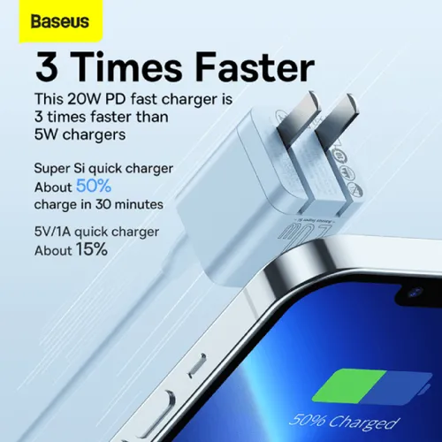 Baseus Super Si 20W CN 2 Pin Quick Charger with Type-C to Lightning Cable
