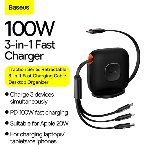 Baseus Traction Series 100W Retractable 3-in-1 Type-C to M+L+C Fast Charging 1.7M Cable Desktop Organizer