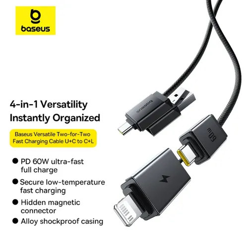 Baseus Versatile 60W USB-C + USB-A to USB-C + Lightning Fast Charging Cable