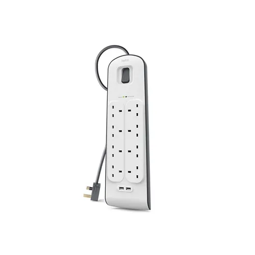 Belkin SurgePlus 2.4 Amp 2 USB + 8-Outlet Surge Protection Strip with 2M Power Cord, Protects Televisions, Gaming Consoles, Receivers