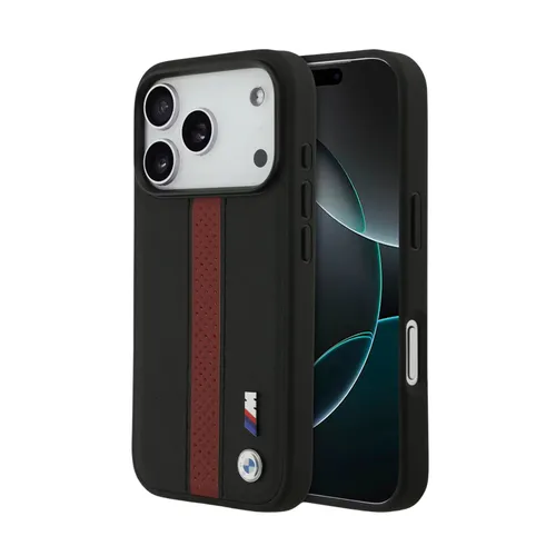 BMW Magsafe PU Perforated Stripes Leather Case for iPhone 17 Pro / 17 Pro Max - Black/Red