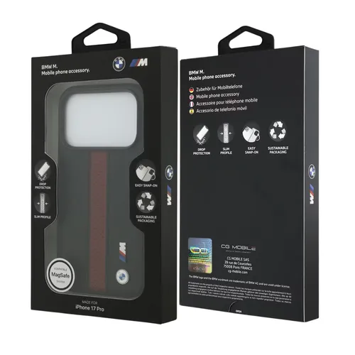 BMW Magsafe PU Perforated Stripes Leather Case for iPhone 17 Pro / 17 Pro Max - Black/Red