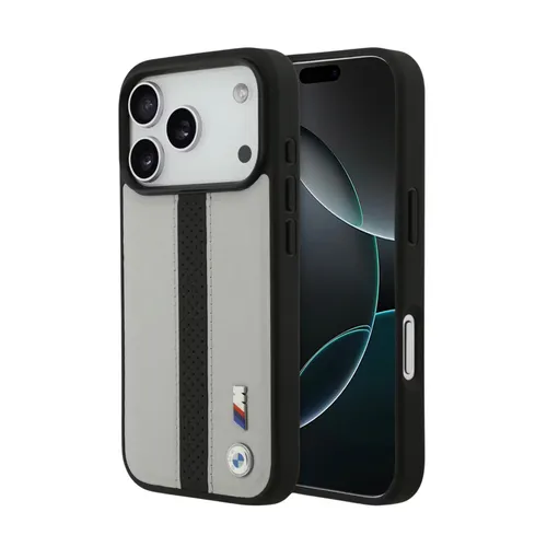 BMW Magsafe PU Perforated Stripes Leather Case for iPhone 17 Pro / 17 Pro Max - Grey/Black