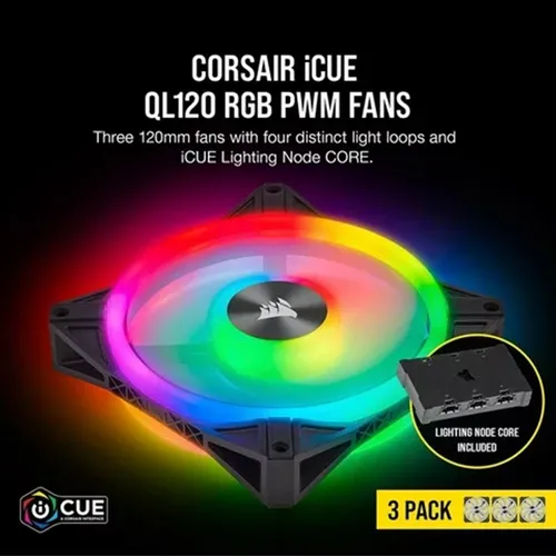 Corsair QL120 RGB 120MM 3 Fan Kit With Lighting Node Core