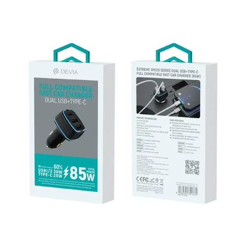 Devia Extreme Speed Dual USB + Type-C Full Compatible Fast Car Charger 85W Black EA191